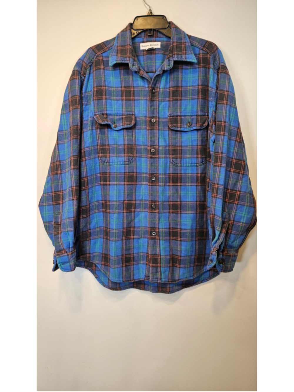 Vintage 90s Banana Republic Flannel Shirt L Made Portugal Blue Plaid Cotton